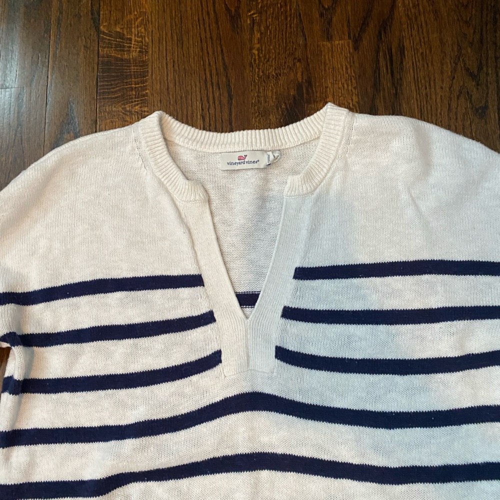 Vineyard Vines- linen cotton blend Knit Pullover v neck striped flare sleeve S - Picture 11 of 16